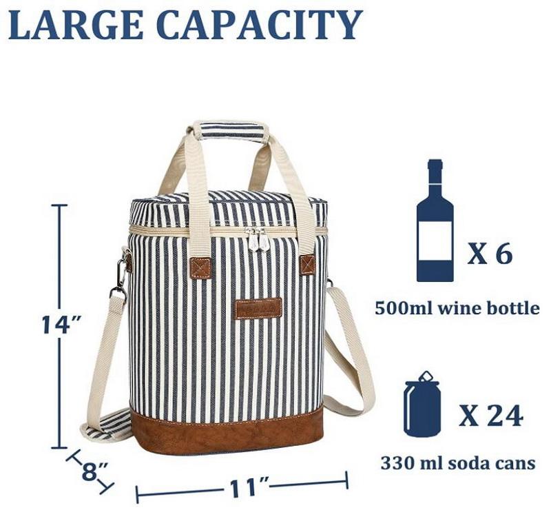 Striped waterproof padded wine insulated carrier bag tote portable custom picnic beach summer wine cooler bag for 6 bottle