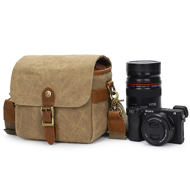 Custom Vintage Padded Small Camera Shoulder Bag Waterproof Canvas Leather Trim Canon Nikon Camera Bag