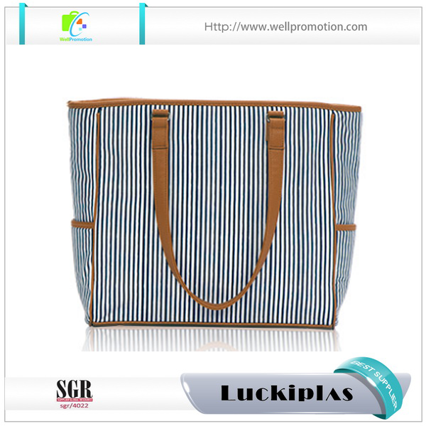 Vertical strip canvas women beach shopping tote bag with leather handles