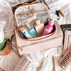 Large Pink Leather Hanging Toiletry Wash Bag Travel Make Up Organiser Rose Gold Cosmetic Bag For Women, Girls