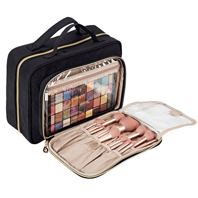 Black Large Custom Polyester Cosmetic Make Up Bags & Cases With Clear Containers For Travel