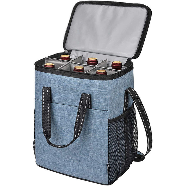 Blue Color Eco Friendly Reusable Insulated Thermal Wine Bag Pack 6 Bottle Wine Carrier Cooler Bottle Wine Bag