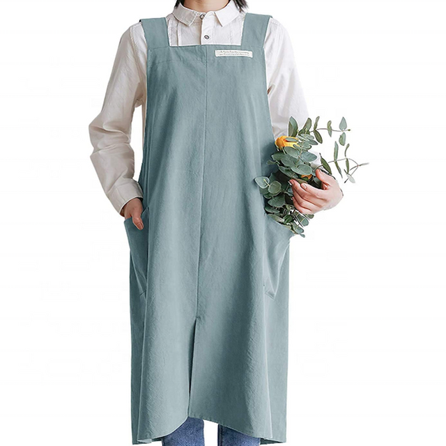 Japan Style Soft Cotton Linen Solid Color Pinafore Dress Cross Back Kitchen Cooking With Two Side Pockets Smock Apron Custom