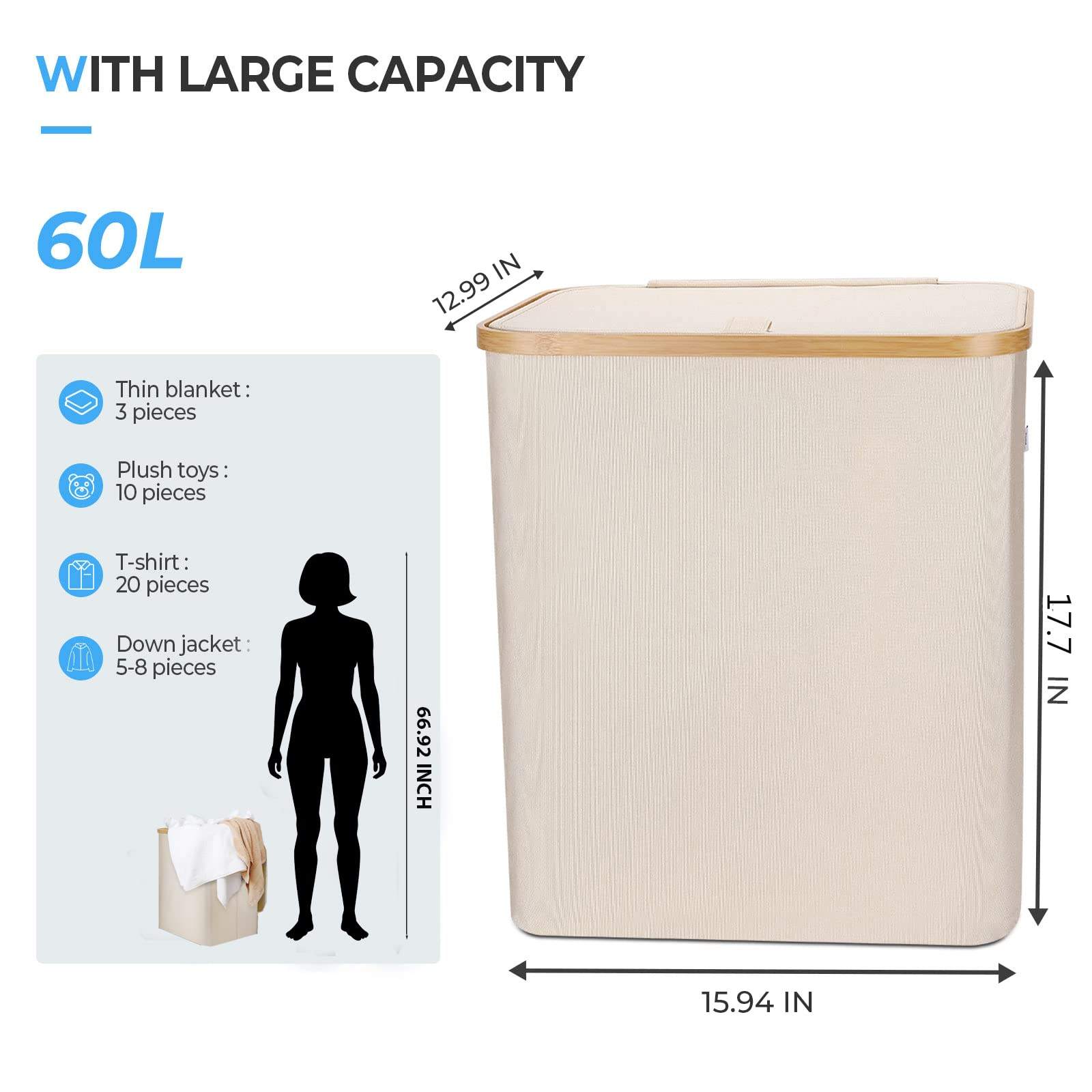 60L Collapsible Large Bamboo Laundry Hamper with Lid and Removable Laundry Bag, Waterproof Laundry Sorter Storage