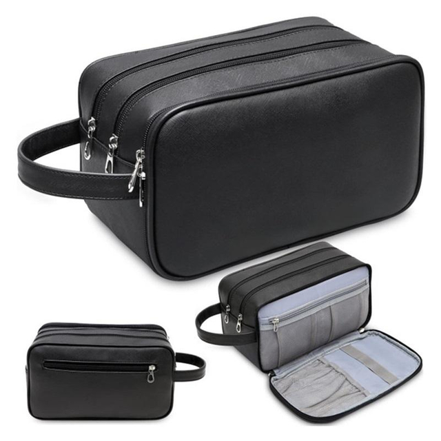 Waterproof Black Color Toiletry Travel Bag Leather Men Pouch Bag Cosmetic Makeup Bag Professional with Handle