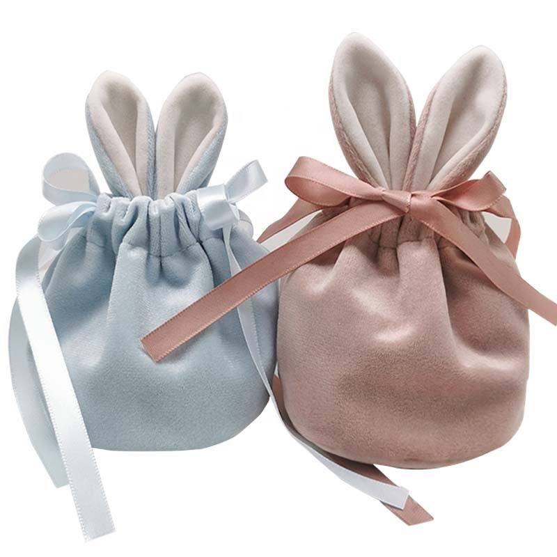 Promotion Cheap Cute Candy Velvet Christmas Halloween Candy Bag Rabbit Ear Easter Drawstring Gift Bags