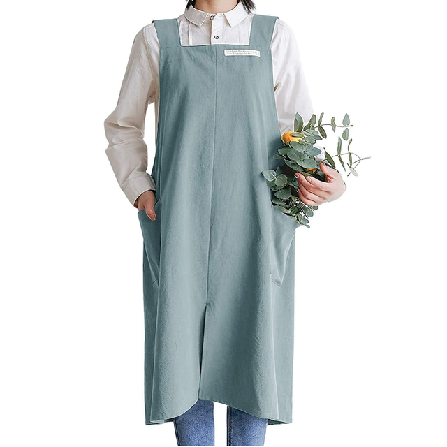 Japan Style Soft Cotton Linen Solid Color Pinafore Dress Cross Back Kitchen Cooking With Two Side Pockets Smock Apron Custom Cheap Wholesale