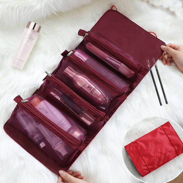 Ladies Travel Make Up Kit Organizer Roll Up Collapsible Cosmetic Bag 4 Small Mesh Bags For Girls