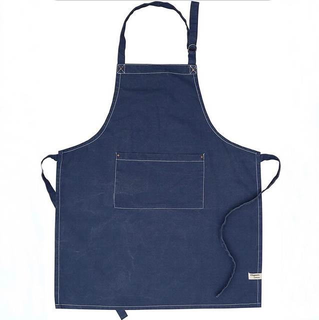 Cotton apron for women with pocket, blue organic cotton apron with adjustable neck strap
