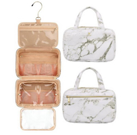 Fashion Marble Printing Leather Cosmetic Case Waterproof Women Men Makeup Tote Hanging Toiletry Bag with Hook