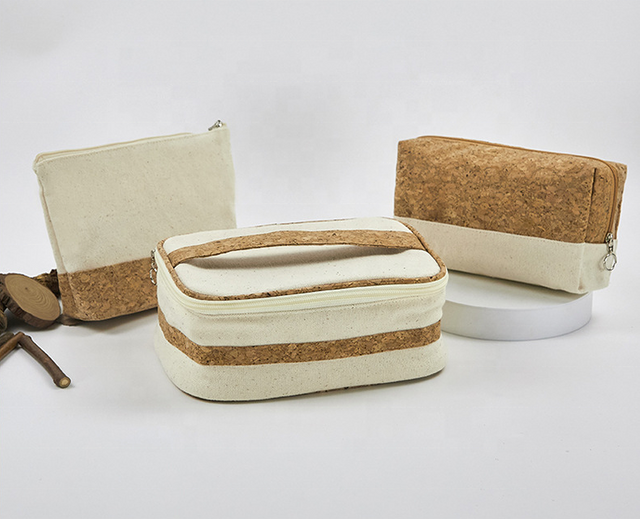 Eco-friendly Cork Wood Toiletries Bag Set Waterproof Toiletries Makeup Travel Cotton Canvas Cosmetic Bag
