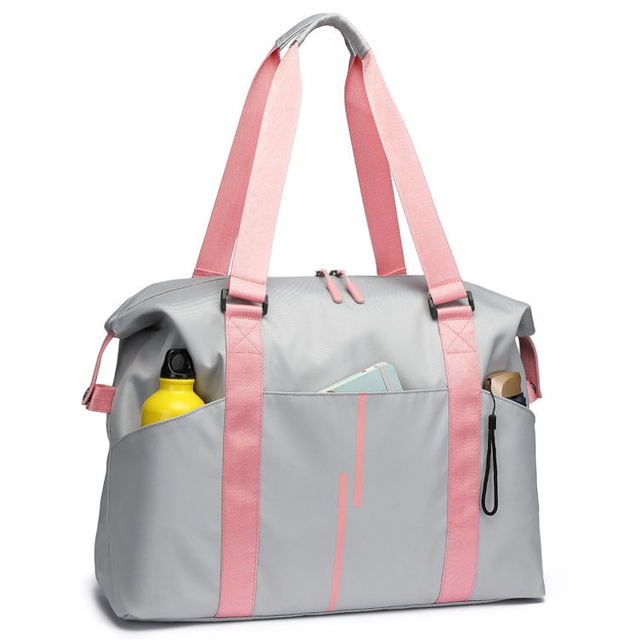 Private Label Sports Tote Gym Bag for Women Durable Nylon Shoulder Weekender Overnight Bag with External Pockets for Bottle