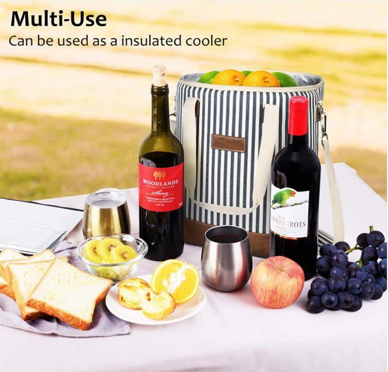 Premium Striped portable padded waterproof beach swim picnic wine carrier tote cooler bags 6 bottle insulated thermal wine bag