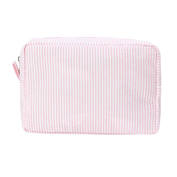 Custom Logo Wholesale Striped Printed Seersucker Fabric Travel Large Capacity Make up Beauty Cosmetic Bag