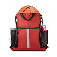 Red Drawstring Backpack Gymsack Bag with Shoe Compartment and Two Side Mesh Pockets Lightweight Durable Sports