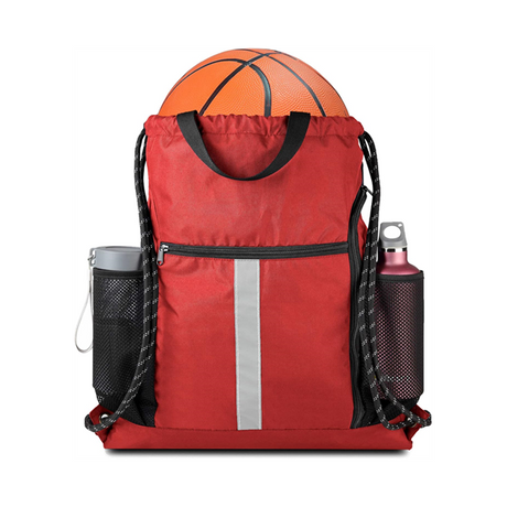 Red Drawstring Backpack Gymsack Bag with Shoe Compartment and Two Side Mesh Pockets Lightweight Durable Sports