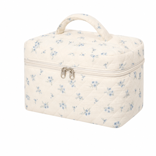 Quilted Floral Makeup Bag Large Capacity Cosmetic Organizer Travel Toiletry Case with Zipper Soft Handle
